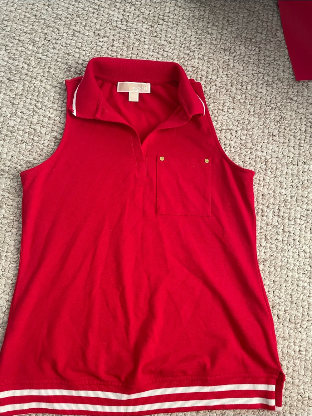 Michael Kors Red Sleeveless Polo Tank Top with Stripe Hem